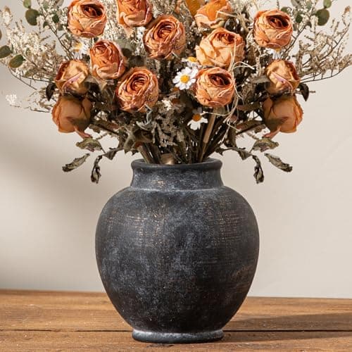 Best Black Ceramic Vases #2 from ooit Ceramic Rustic Vase, 6 Inch Small Flower Farmhouse Vase Decorative Vase Short Pottery Vases for Home Decor Table Living Room Entryway Mantel Bookshelf Bedroom Bathroom Kitchen - Black