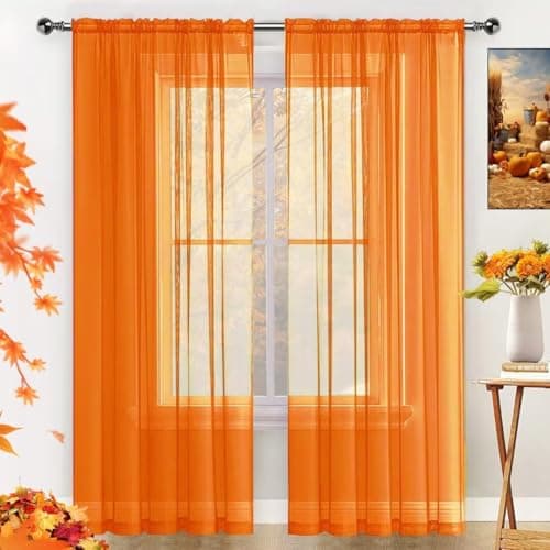 Best Orange Window Curtains #3 from SpaceDresser SpaceDresser Basic Rod Pocket Sheer Voile Window Curtain Panels Orange 2 Panels 52 Width 84 Inch Long for Kitchen Bedroom Children Living Room Yard(Orange,52 W x 84 L)