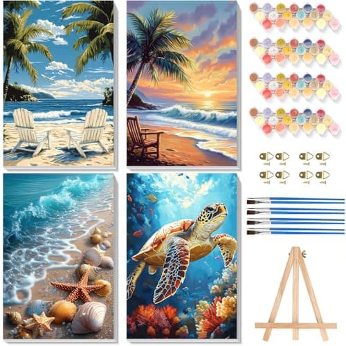 Best Paint by Numbers Kits #6 from xackcme 4 Pack Paint by Numbers for Adults with Framed Canvas - with Wooden Easel, Beach Paint by Number on Canvas, DIY Sea Turtle Acrylic Oil Painting Kits with Brushes for Home Wall Decor (8x12 inch)