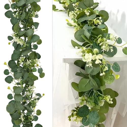 Best Spring Garlands #2 from Qckarobe 2 Pack Artificial Eucalyptus Garland 5.9FT Spring Greenery Garland Summer Fall Faux Silver Dollar Eucalyptus Greenery Vines for Home Table Mantle Wedding Arch Birthday Party Indoor Outdoor Decor