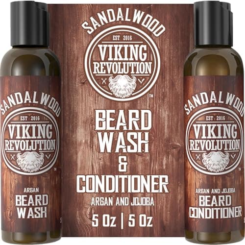 Best Beard Washes #5 from Viking Revolution Viking Revolution Beard Wash & Beard Conditioner Set w/Argan & Jojoba Oils - Softens & Strengthens - Natural Beard Shampoo w/Beard Oil Sandalwood (5oz)