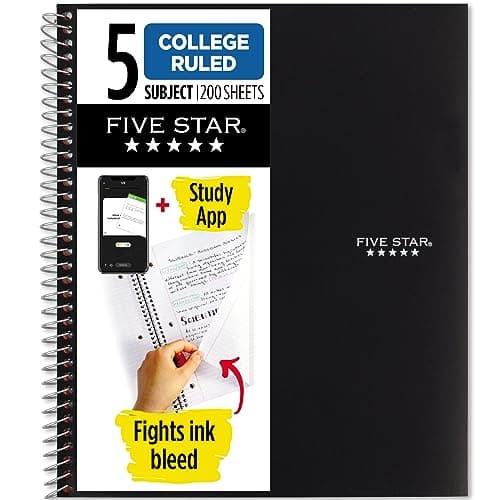 Best Spiral Notebooks #6 from Five Star Five Star Spiral Notebook + Study App, 5 Subject, College Ruled Paper, 8-1/2" x 11", 200 Sheets, Fights Ink Bleed, Water Resistant Cover, Black (72081)
