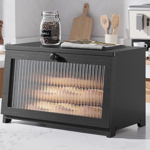 Best Bread Boxes #9 from Kitsure Kitsure Bread Box - Wooden Bread Box for Kitchen Countertop, Large Capacity Kitchen Countertop Organizer, Stylish Bread Storage with Window, Multi-functional Container, Black, 15.0"x8.3"x9.1" (1T)