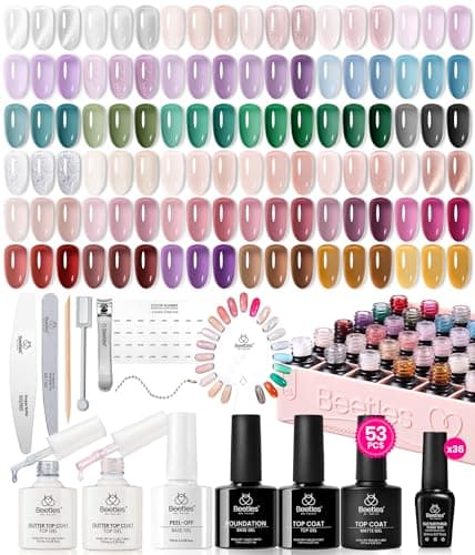Best Gel Nail Polishes #6 from beetles Gel Polish Beetles Jelly Gel Nail Polish Set, 53PCS 36 Colors Jelly Pink Milky White Red Black Blue Green Silver Cat Eye Base Glitter Glossy Matte Top Coat Crystal Ice Collection French Nails Gift for Women