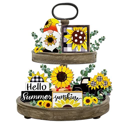 Best Summer Decors #6 from Guoofu Guoofu Summer Tiered Tray Decor, Farmhouse Sunflower Tray Decorations, Hello Spring Summer Sunflower Gnome Sunshine Truck Wooden Signs, Buffalo Plaid Rustic Home Decor for Table Mantel Office Party