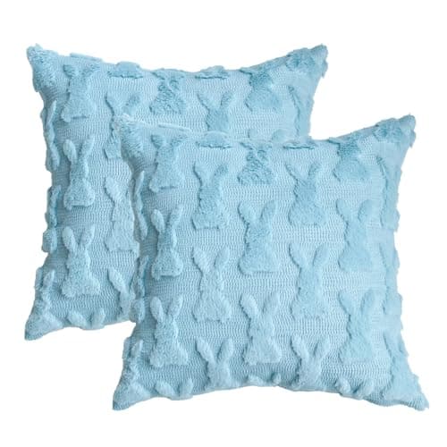 Best Easter Pillow Covers #7 from AVOIN colorlife AVOIN colorlife Easter Rabbits Blue Throw Pillow Covers, 18 x 18 Inch Bunny Soft Plush Faux Fur Jacquard Cushion Case Decoration for Sofa Couch Set of 2