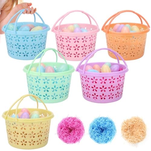 Best Easter Baskets #6 from GameXcel GameXcel 6 Pack Easter Eggs Basket Set for Kids-Plastic Basket with 3Pack Tricolor Grass 36 Pieces Easter Eggs-Easter Decorations Party Favors