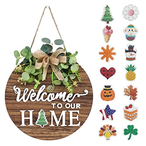 Best Spring Decorations #4 from RoseCraft Interchangeable Seasonal Welcome Sign Front Door Decoration, Rustic Round Wood Wreaths Wall Hanging Outdoor, Farmhouse, Porch, for Spring Summer Fall All Seasons Holiday Halloween Christmas.