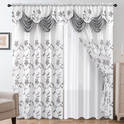 Best Window Curtains with Valance #7 from Petrichor Petrichor Embroidered Sheer Curtain 2 Panels Set - Luxury Window Curtain Attached Valance with Satin Backing and 2 Tie Backs for Living Room,Dining Room, 54x84 inches, Gray
