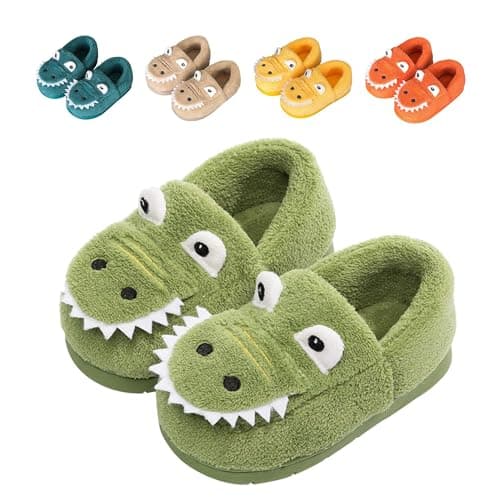 Best Kids Slippers #3 from JACKSHIBO JACKSHIBO Girls Boys Home Slippers Warm Dinosaur House Slippers For Toddler Fur Lined Winter Indoor shoes Green 9.5-10 Toddler