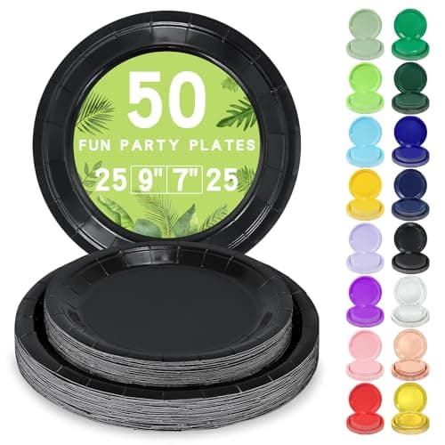 Best Black Paper Plates #10 from LANLISA LANLISA 50 Black Paper Plates Disposable Set Includes 25-9" & 25-7" Disposable Birthday Cake Dessert Paper Plates For New Years Party Supplies