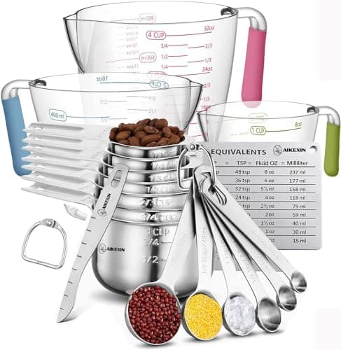 Best Measuring Cup Sets #2 from AIKEXIN AIKEXIN 20-Piece Measuring Cups and Spoons Set, Nesting Stainless Steel Measuring Cups Spoons with Plastic Measuring Cup for Dry and Liquid Ingredients, Kitchen Cooking & Baking Gadgets