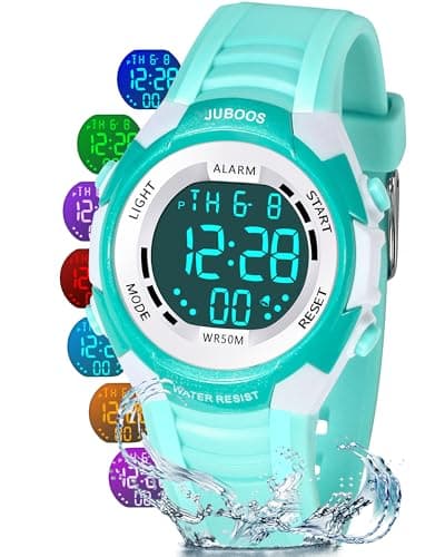 Best Digital Watches for Kids #1 from Juboos Juboos Kids Digital Watch for Boys Girls 5-18, 7 Colors LED Light Kids Sports Outdoor Wristwatch, 5 ATM Waterproof Watch with Alarm,Stopwatch
