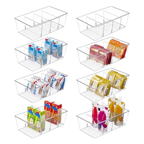 Best Refrigerator Organizer Bins #10 from Vtopmart Vtopmart 8 Pack Food Storage Organizer Bins, Clear Plastic Bins for Pantry, Kitchen, Fridge, Cabinet Organization and Storage, 4 Compartment Holder for Packets, Snacks, Pouches, Spice Packets