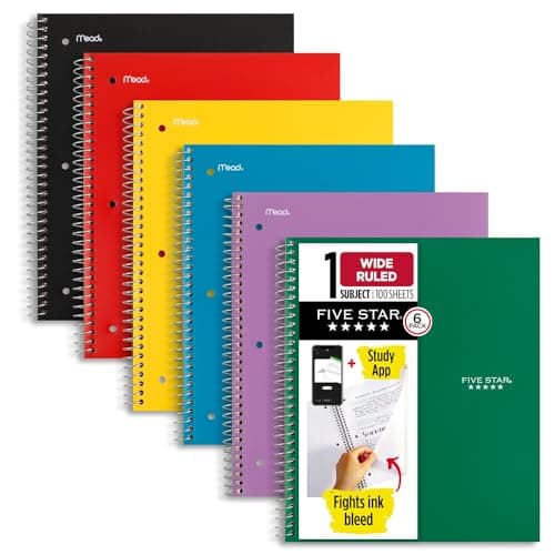 Best Spiral Notebooks #8 from Five Star Five Star Spiral Notebook + Study App, 6 Pack, 1 Subject, Wide Ruled Paper, 8" x 10-1/2", 100 Sheets, Fights Ink Bleed, Water Resistant Cover, Assorted Colors (38042)