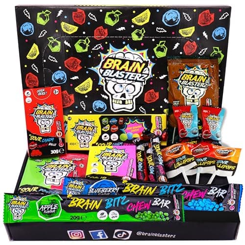 Best Sour Candies #1 from Brain Blasterz Brain Blasterz Christmas Candy Gift Box – Extreme Sour Candy Variety Pack - 14pc Holiday Collection with Lollipops, Taffy & Powder – Vegan & Halal – Fun Xmas Present, Stocking Stuffer, Birthday Treats