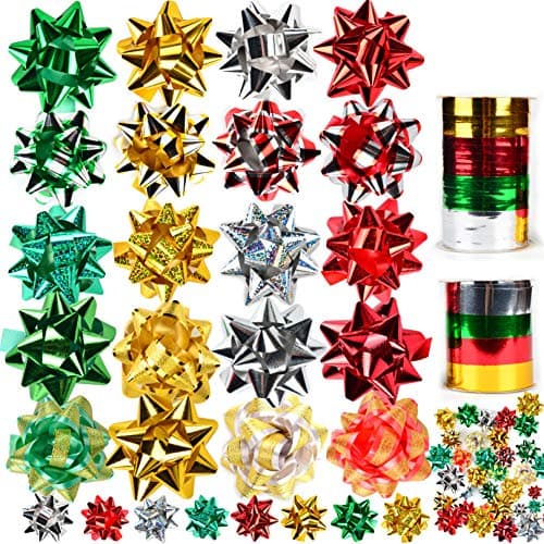 Best Christmas Bows for Gift #3 from JOYIN JOYIN 50 PCS Christmas Bows and Gift Ribbons with 48 Multi-Colored Assorted Size Self Adhesive Gift Bows and 2 Rolls of Curling Ribbons for Gift, Present Wrapping Decoration