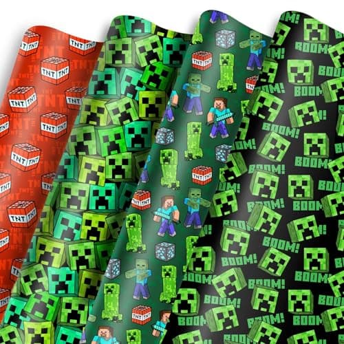 Best Wrapping Paper for Boys #5 from JenJen Tradition Pixel Style Wrapping Paper Gift Wrap – 8 Sheets, 4 Designs –Gift Packing for Video Game Birthday, Christmas, Holiday Party Supplies – Large 20 x 27 Inch DIY Paper Party Favors for Boys, Girls, Kids, Teens